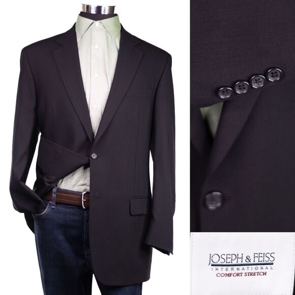JOSEPH & FEISS jacket blazer sport coat 100% wool Solid Black 2 Button 42L - Picture 1 of 11